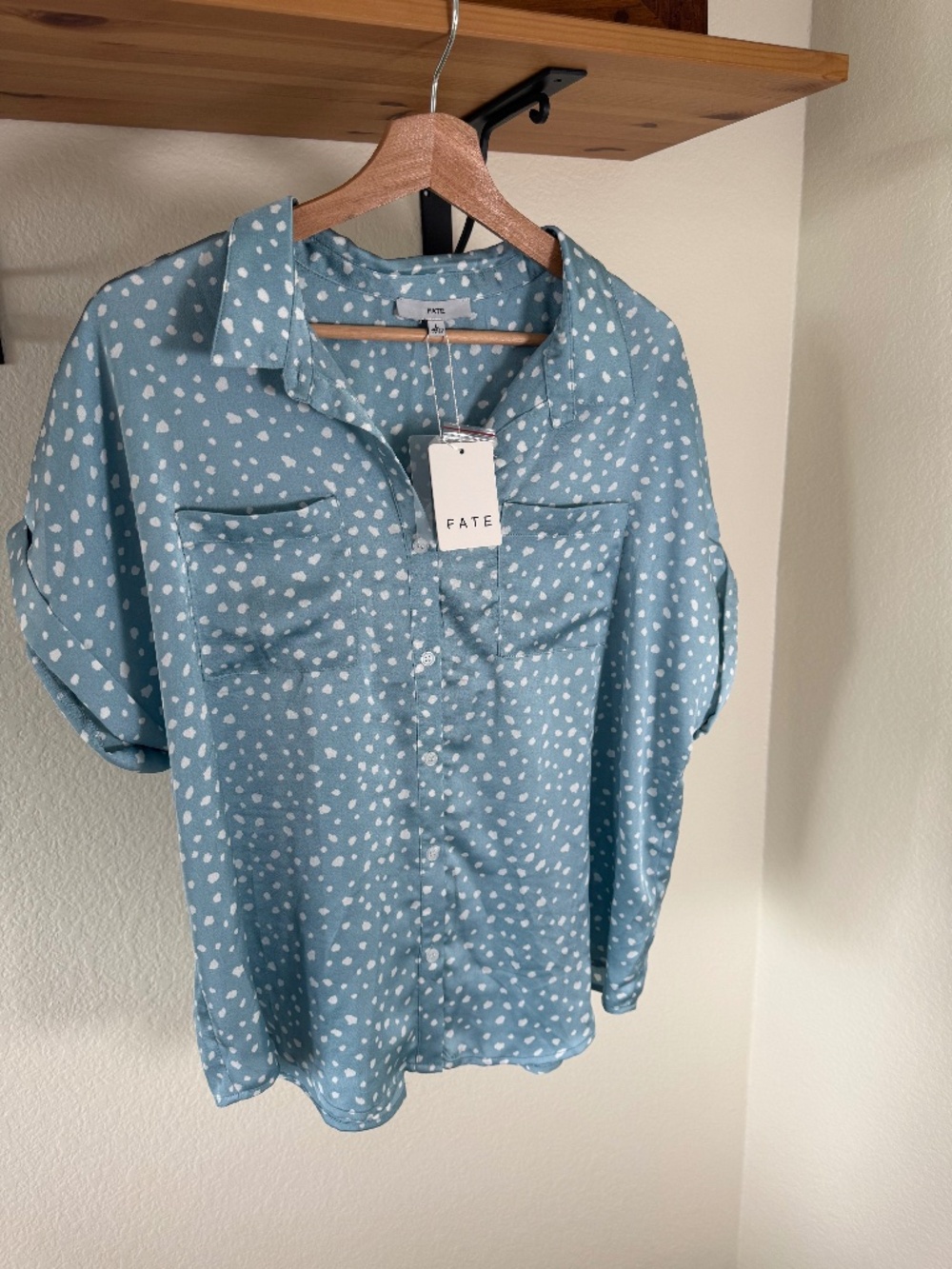 NWT FATE Light Blue Dalmatian Dot Short Sleeve Button Down Blouse Size L